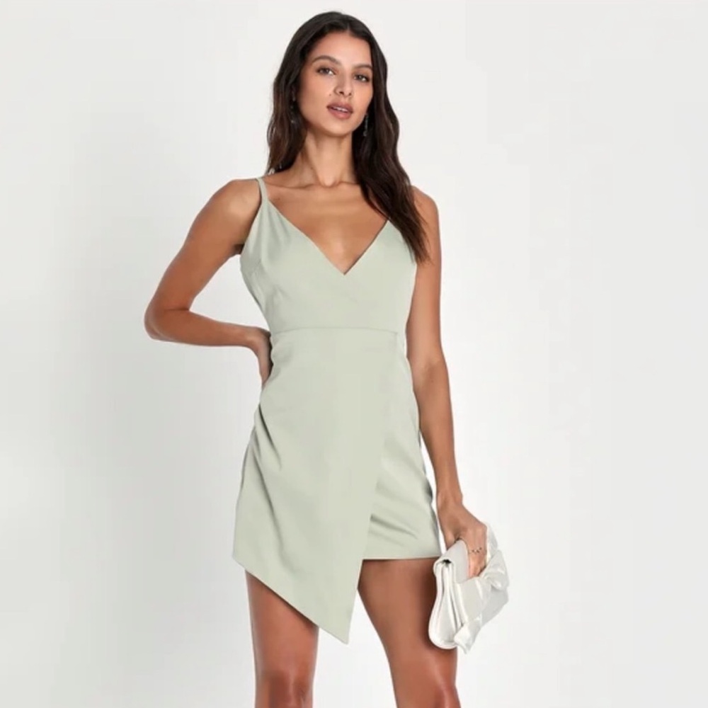 Lulus What a Stunner Sage Green Satin Asymmetrical Mini Dress